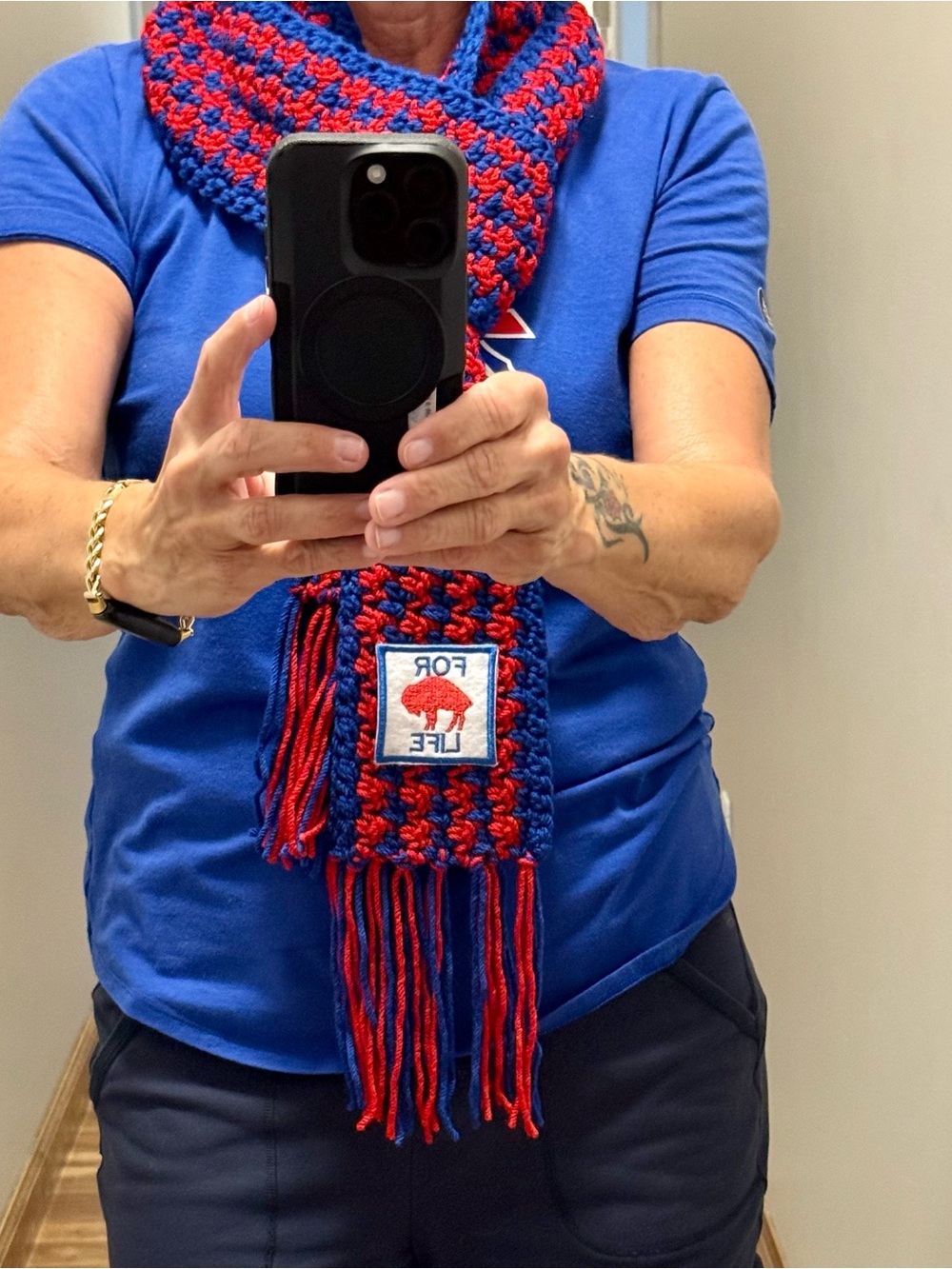 Buffalo Red & Blue Extra Long Crochet Scarf